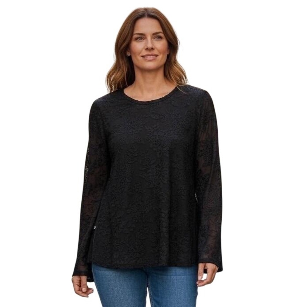 Ivy Jane Black Lace Floral Long Sleeve Top Women's Size L Sheer Mesh